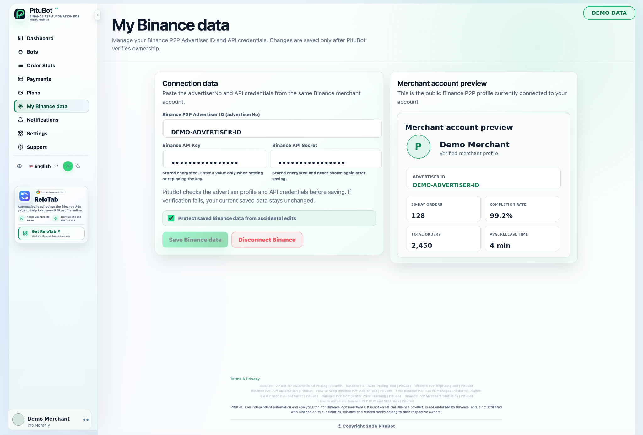 PituBot Binance API connection screen with masked credentials and demo merchant information.