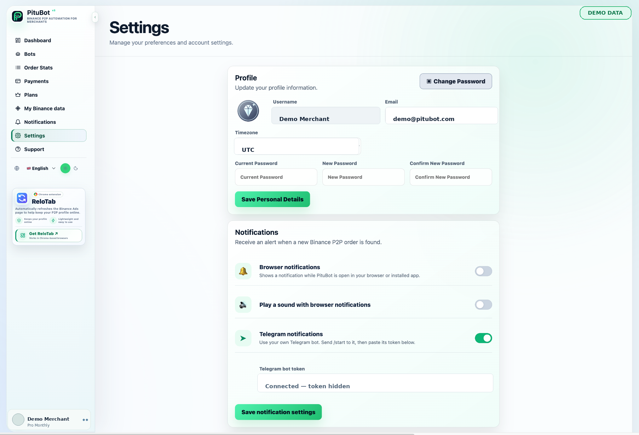 PituBot browser, sound, and Telegram notification settings with private information hidden.