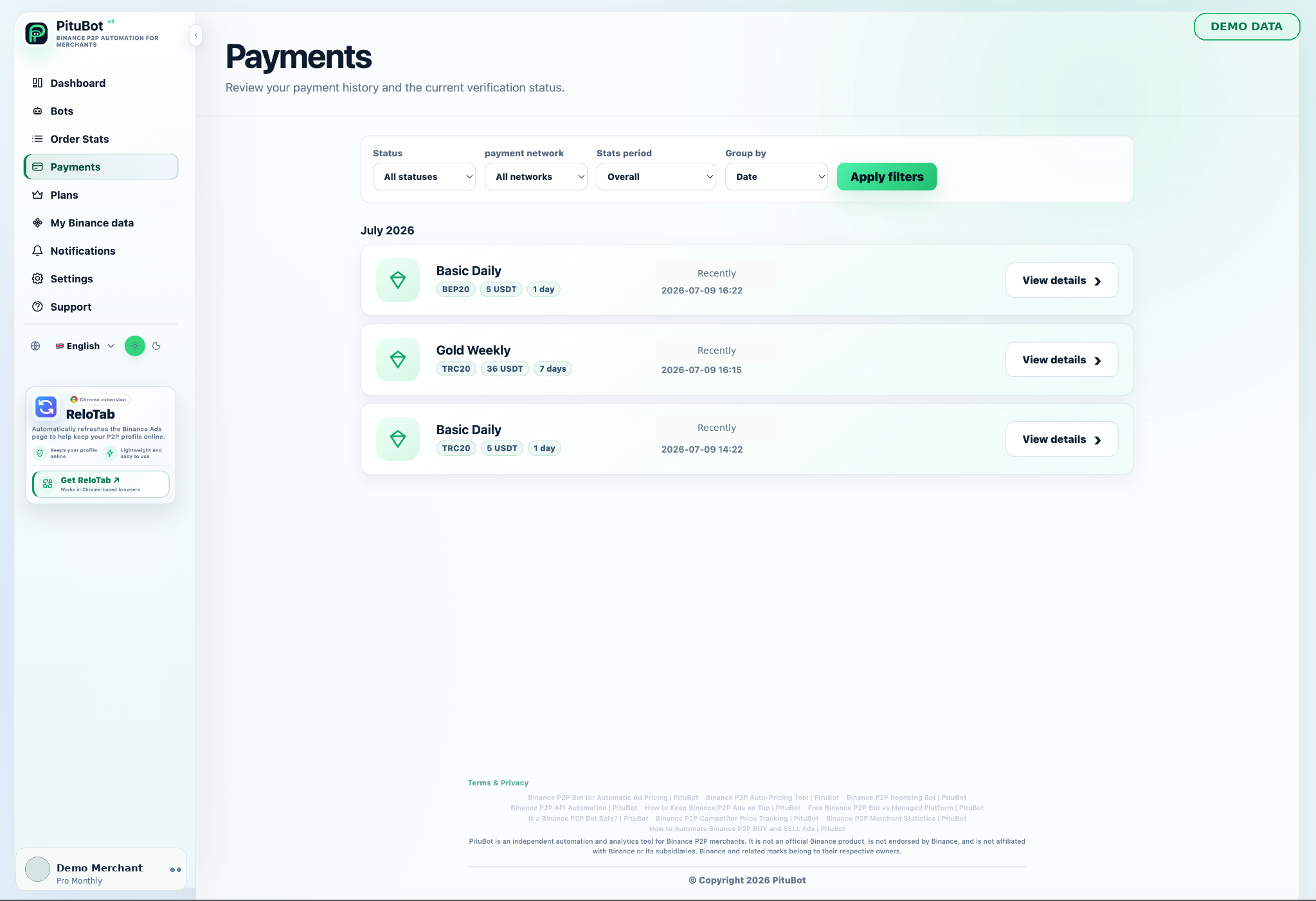PituBot subscription payment history with plan and verification status.