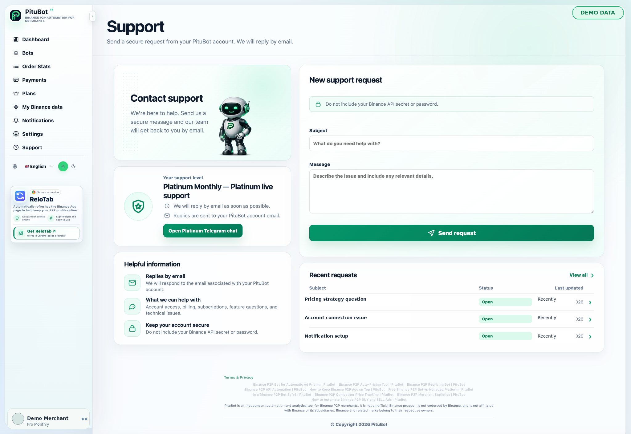 PituBot support center showing secure request submission and sanitized recent requests.
